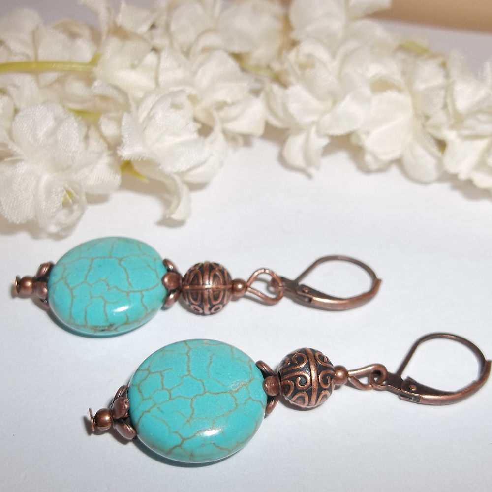 Turquoise Blue & Copper Earring Handmade NWT 4729 - Picture 4 of 8